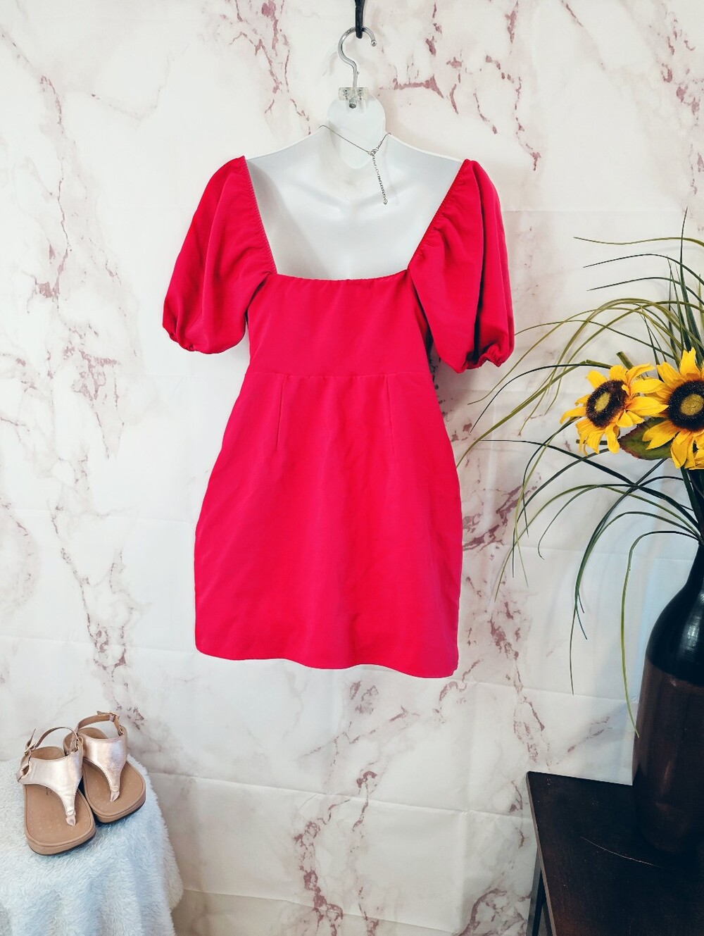 Hollister Red Corset Seam Puff Sleeve Mini Dress Side Zip Medium - Picture 4 of 6